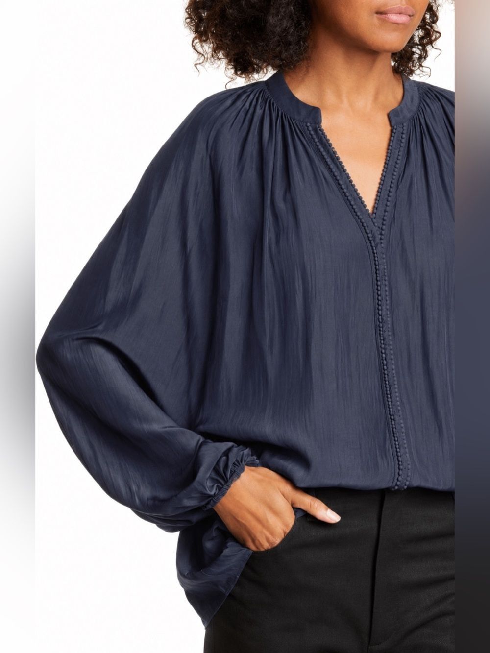 Chico's Navy V-Neck Dolman Sleeve Blouse Braided Detailing Sz 14 Boho Coastal